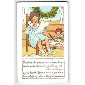 Vintage 1918 Christmas Postcard Girl Writing Letter with Holly Wreath